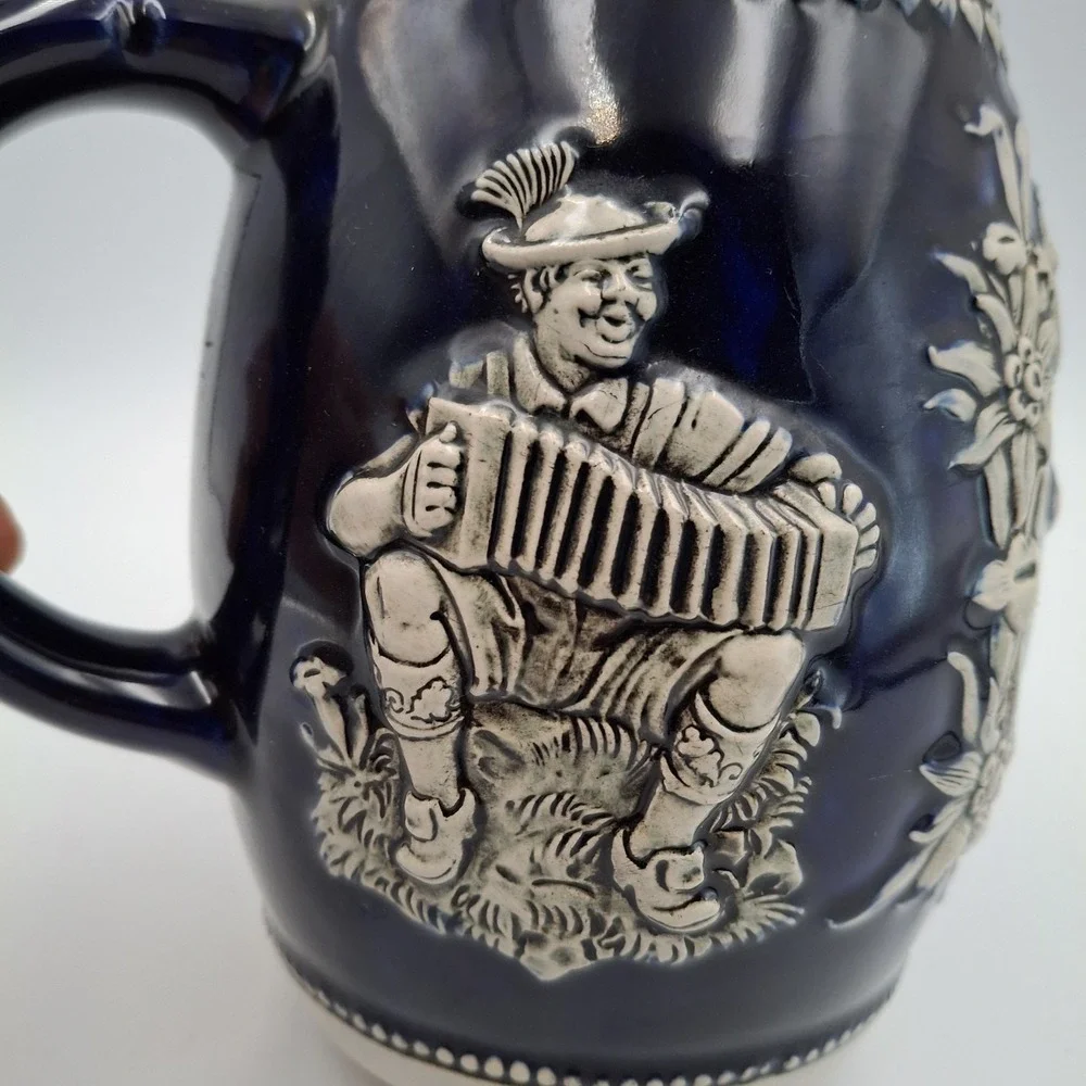 Vintage Western Germany Beer Stein Mug Blue Glaze 3613 Accordion Dancer Edelweis